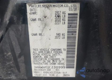 2018 Nissan Altima 2.5 Sr z USA, uszkodzony, nr VIN 1N4AL3AP3JC230999